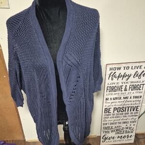 Navy Crochet Sweater With Bat Wing Sleeves